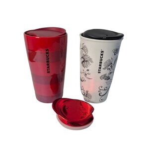 Two Starbucks Ceramic 12 oz Travel Coffee Mugs One Red and One White